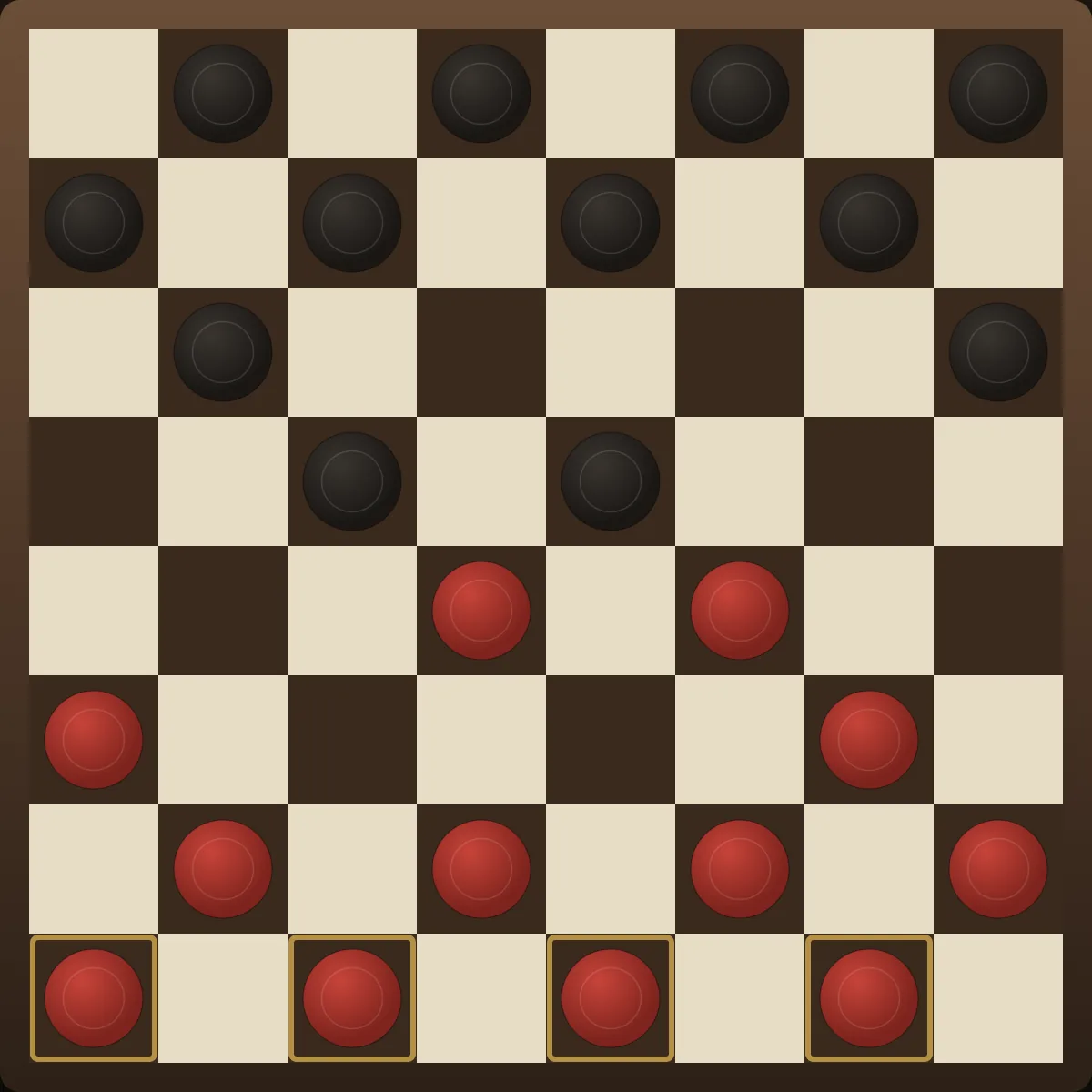 Checkers position with red's back row fully intact while pieces develop forward — the back-row hold denies the opponent's first king.