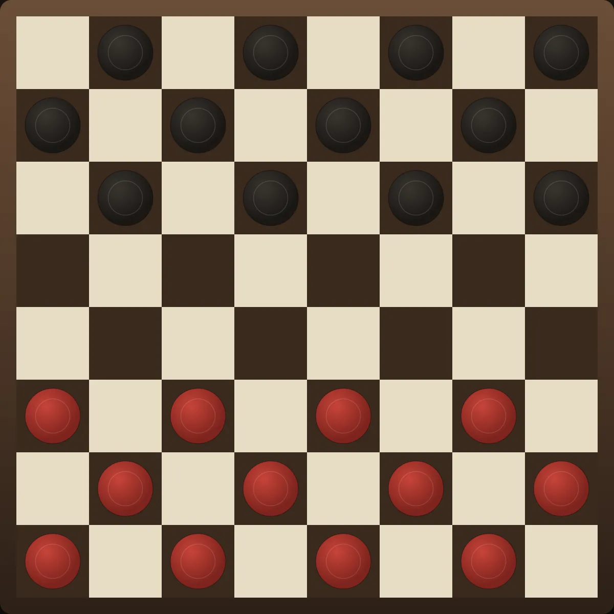 A correctly set-up checkers board: 12 black pieces in the top three rows, 12 red pieces in the bottom three rows, every piece on a dark square, the two centre rows empty.