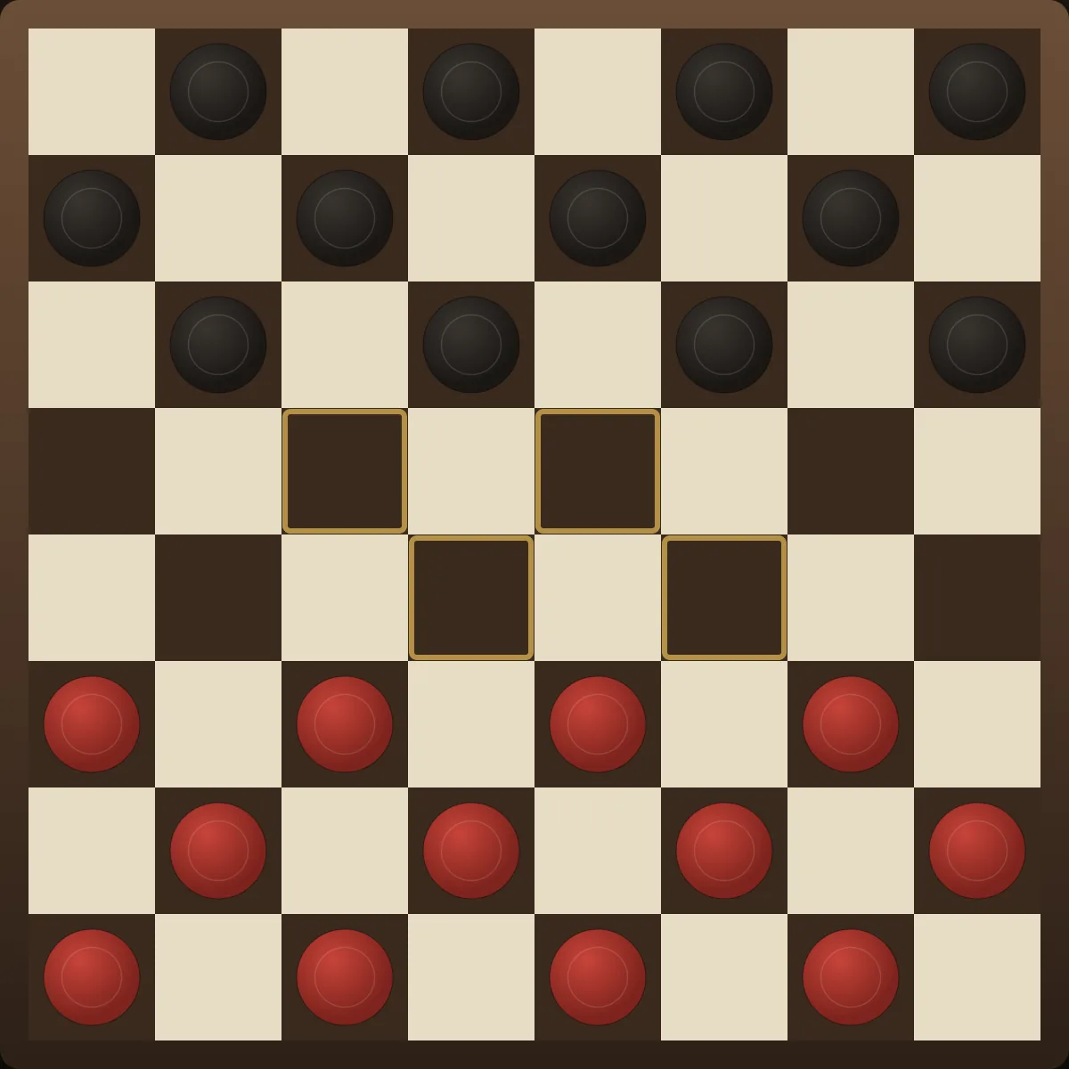 Checkers starting position with the four central squares highlighted — the most valuable squares to fight for in the opening.