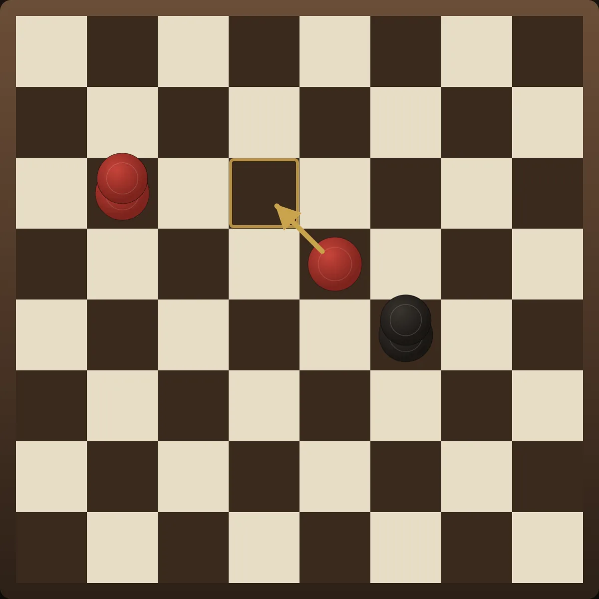 A simple checkers endgame position showing the opposition: red races a piece to the king's row while a king holds the tempo.