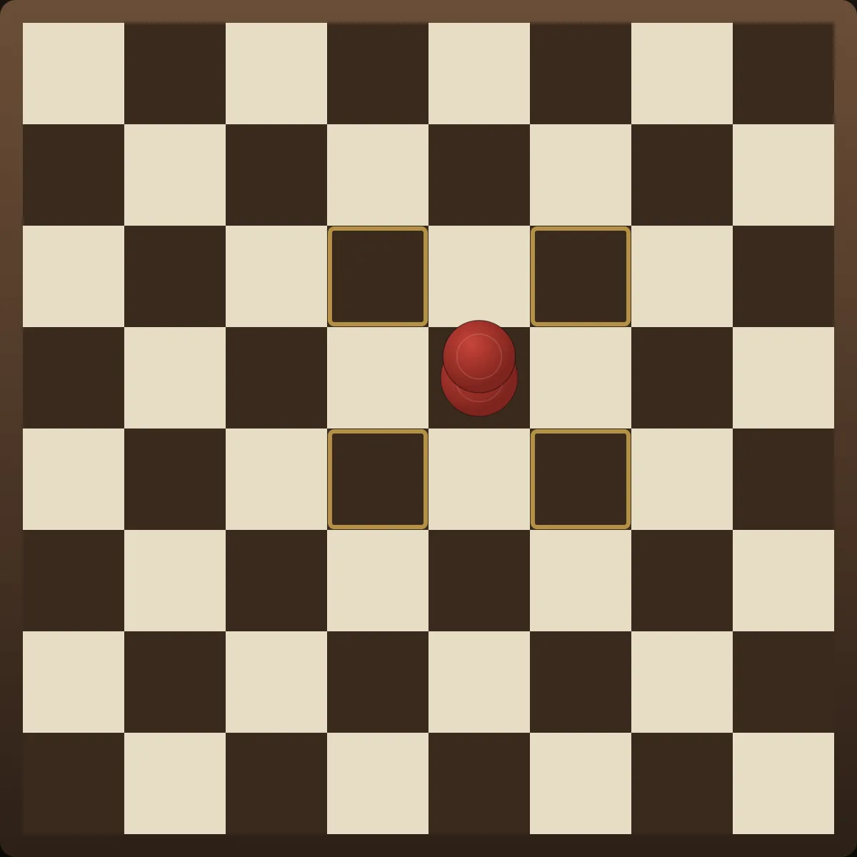 A red king in the centre of the board with the four diagonally adjacent squares highlighted — kings move both forward and backward, regular pieces move forward only.