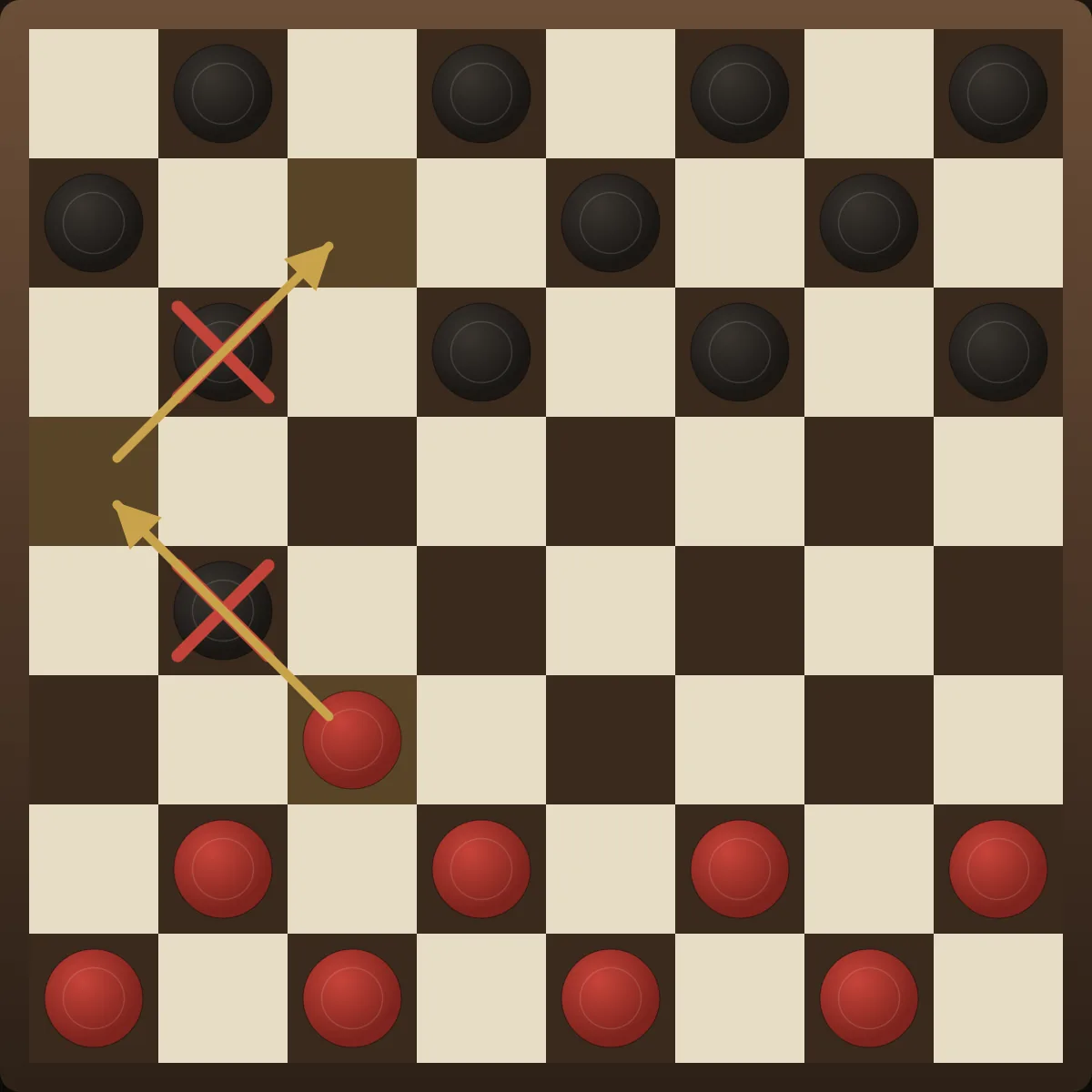A double-jump capture sequence in checkers: red zig-zags from square (5,2) up the left side, jumping two black pieces in a single turn and ending at (1,2).