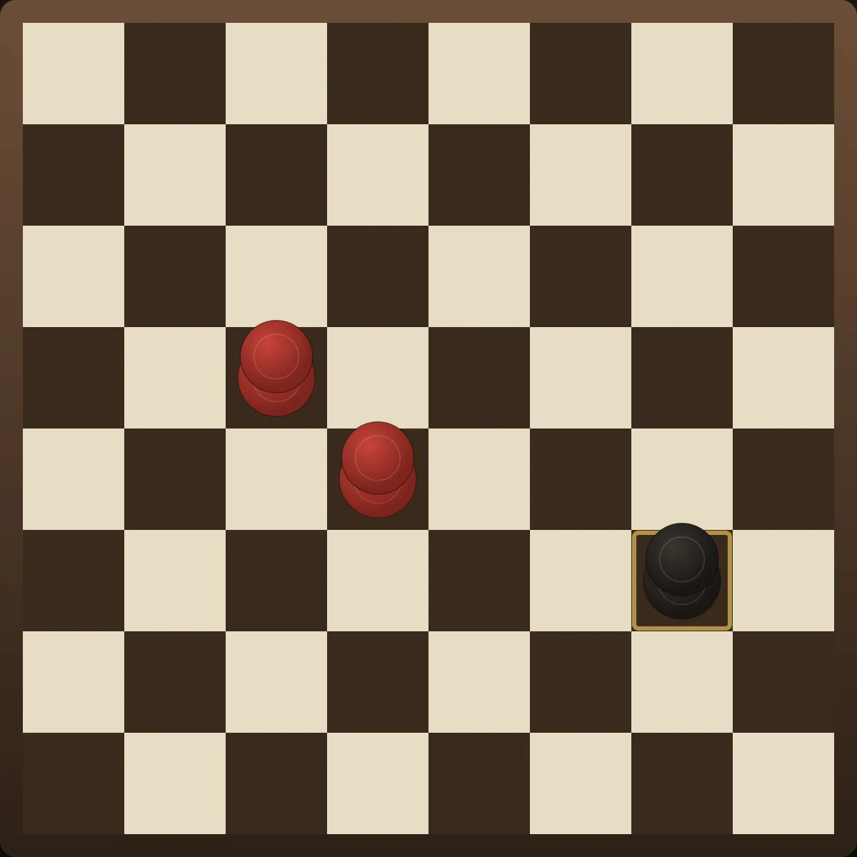 Two red kings against a single black king — the winning endgame material edge, used to corner and capture the lone defender.